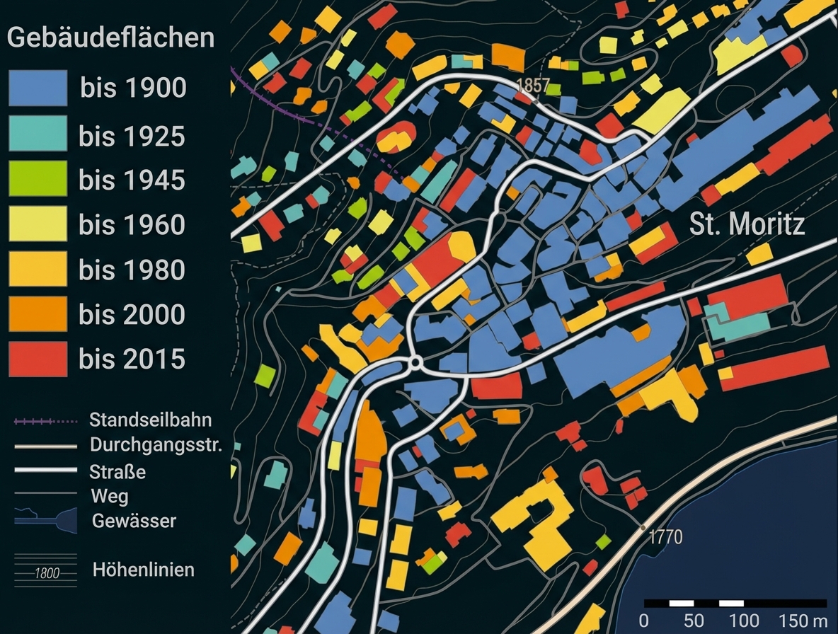 Farbenfrohe Karte von St. Moritz mit Gebäuden nach Baujahr, Legende, Straßen und Höhenlinien.